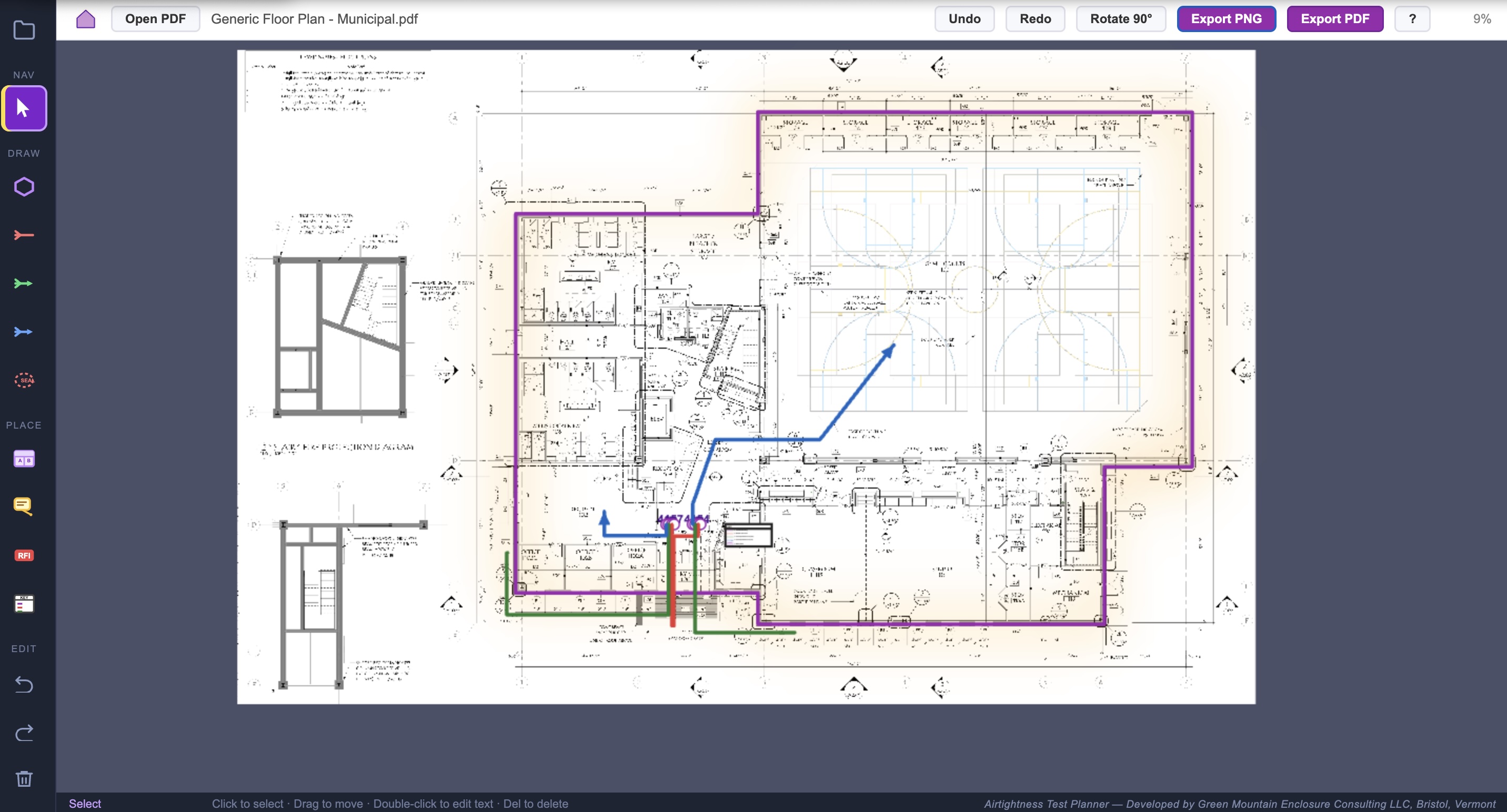 Airtightness Test Planner — floor plan markup in progress
